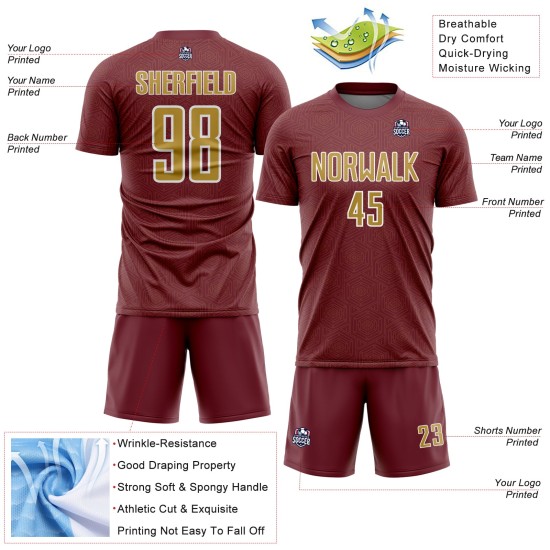 Soccer Sublimation Shape Burgundy Uniform Old Gold-White Custom Jersey Sports Geometric Soccer Sublimation Shape Burgundy Uniform Old Gold-White Custom Jersey Sports Geometric