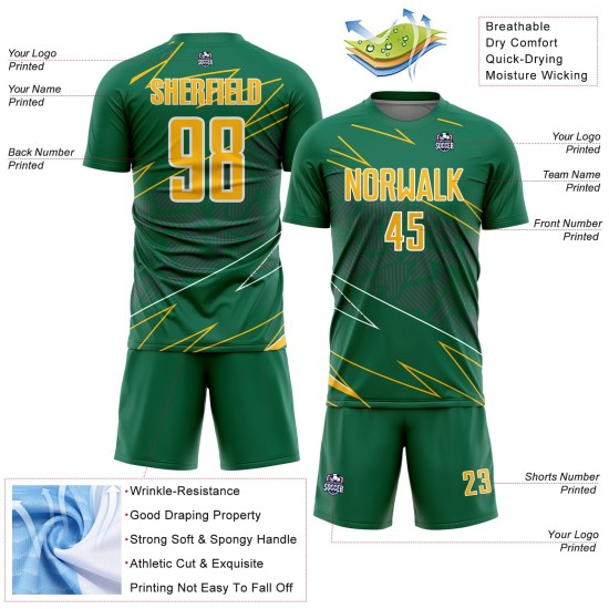 Soccer Sports Green Lines Custom Uniform Kelly Gold-White Sublimation Jersey Soccer Sports Green Lines Custom Uniform Kelly Gold-White Sublimation Jersey