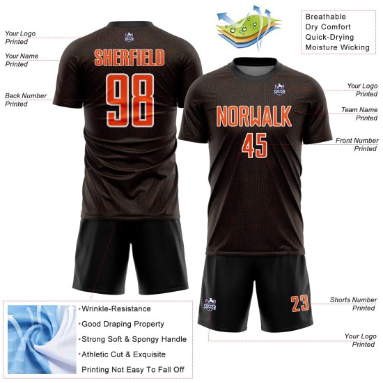 Sublimation Sports Uniform Soccer Black Shape Custom Geometric Jersey Orange-White Sublimation Sports Uniform Soccer Black Shape Custom Geometric Jersey Orange-White